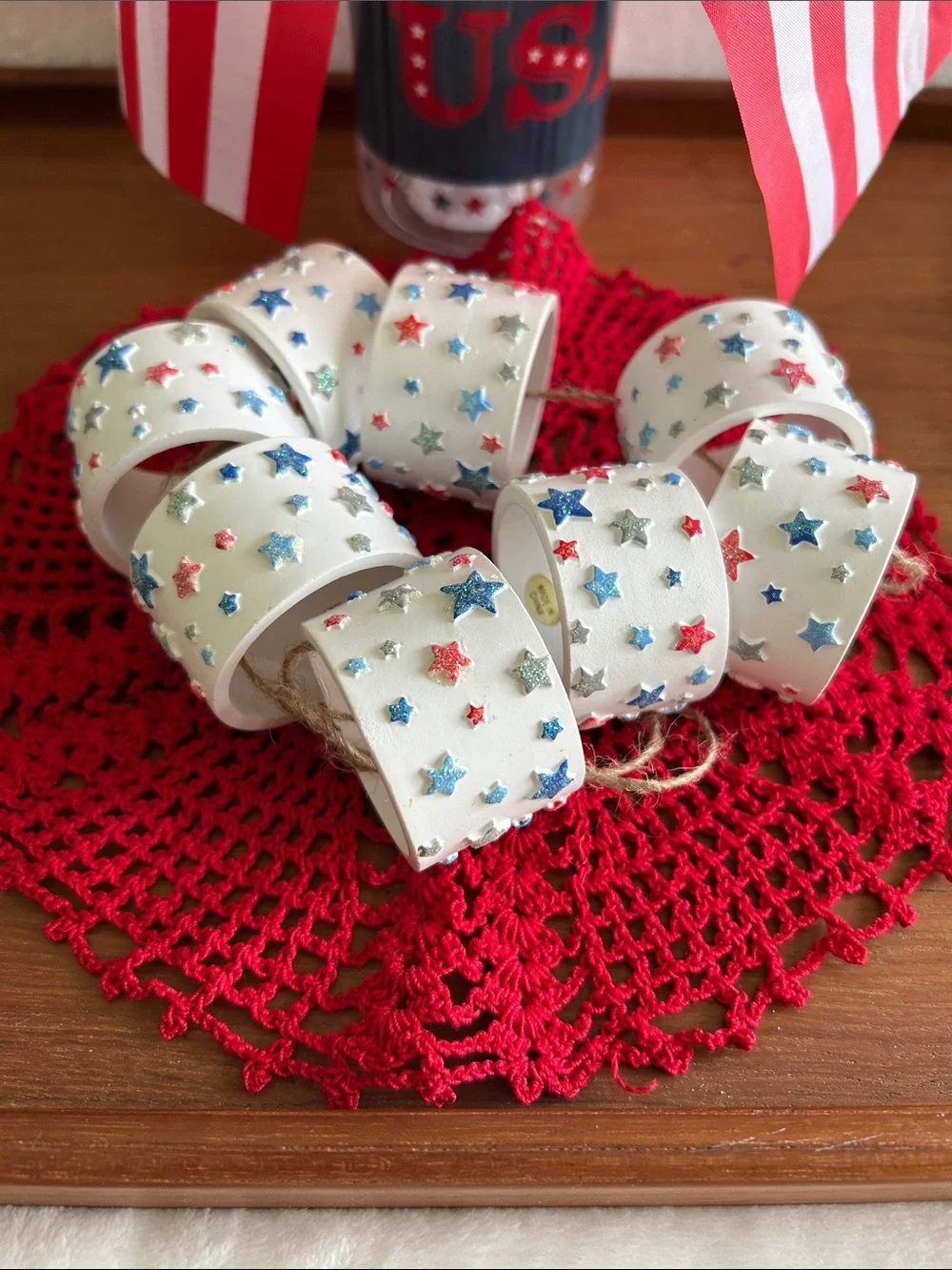 Patriotic Star Ribbon Napkin Rings - White with Red & Blue Stars Set of 8.